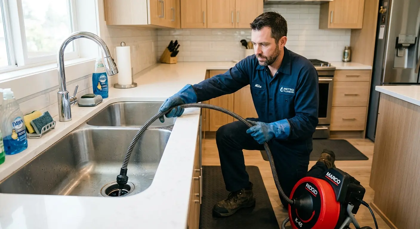 Drain cleaning technician using a motorized snake on a kitchen sink in East Flat Rock