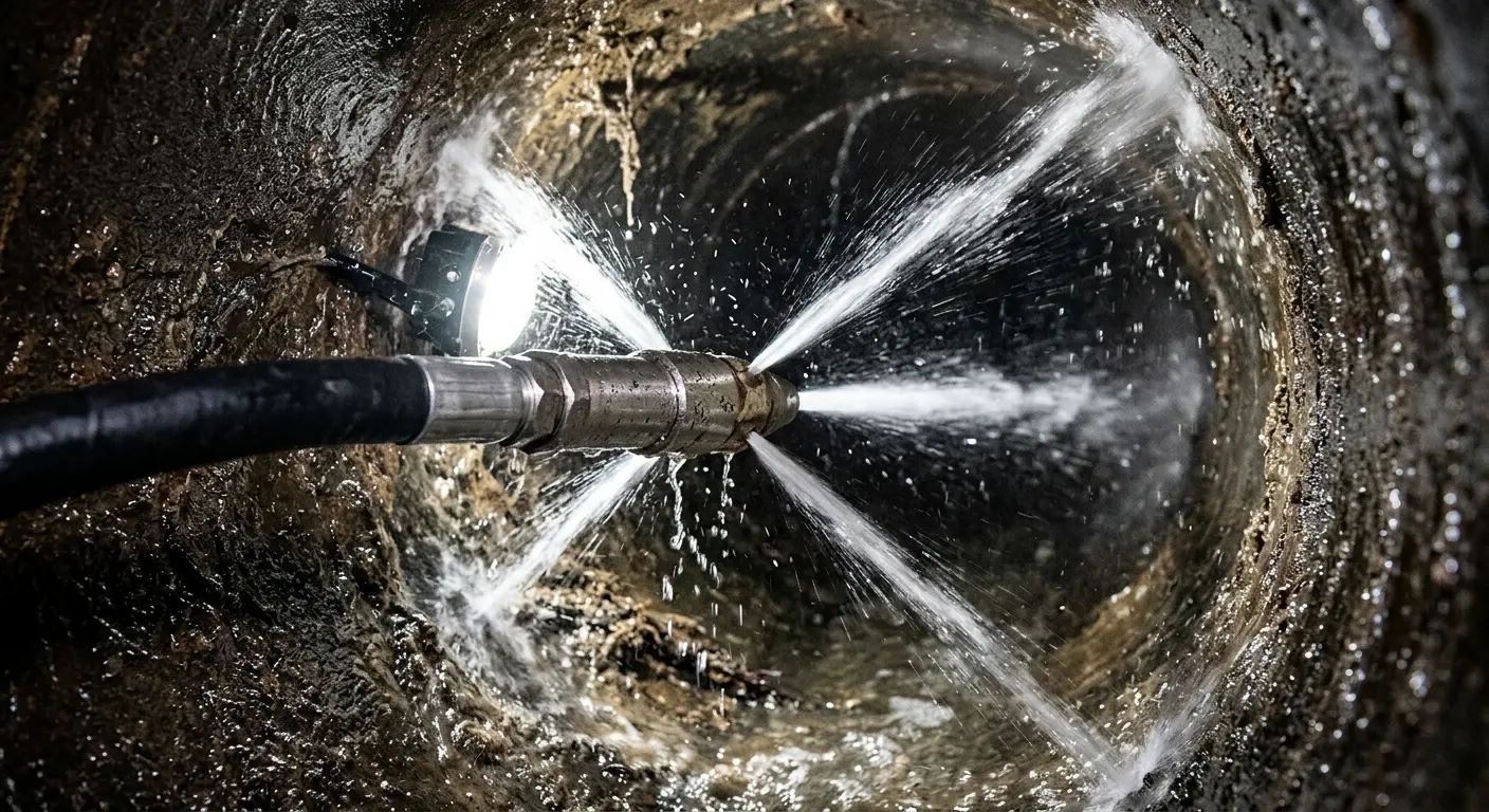 High-pressure hydro jetting nozzle cleaning sewer pipe for Trenchless Sewer Repair in East Flat Rock
