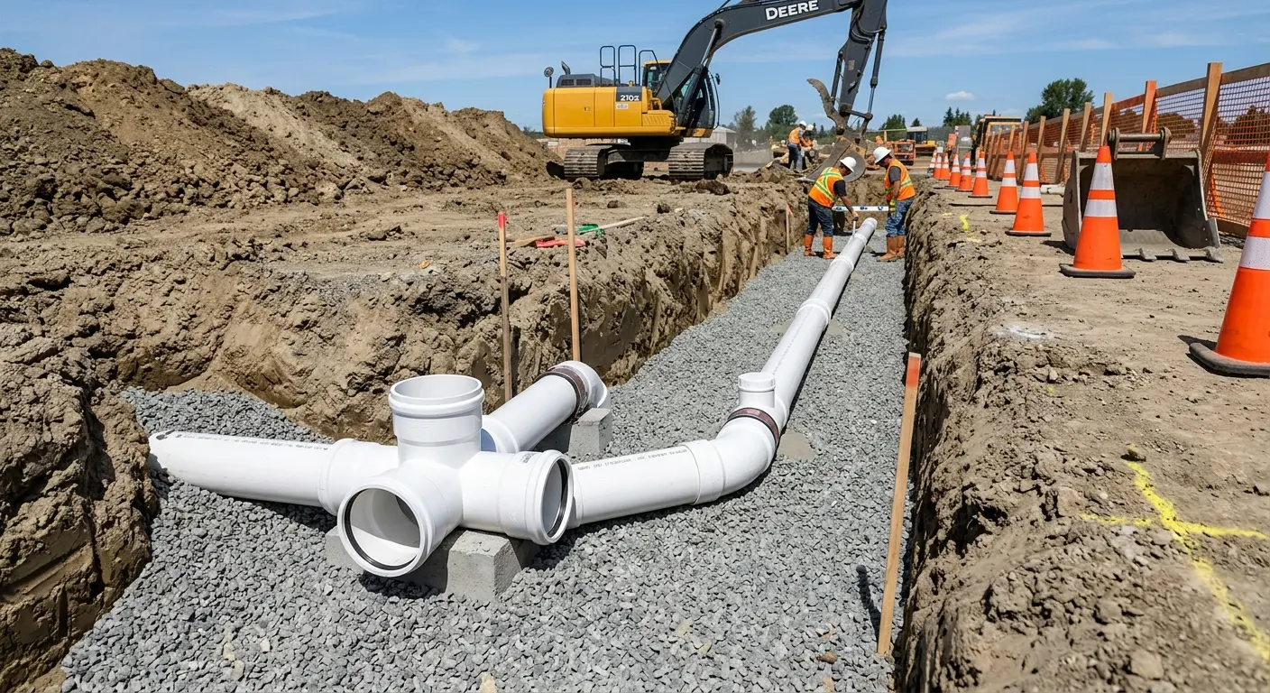 New PVC sewer pipe installation in open trench for Commercial Drain Cleaning in East Flat Rock