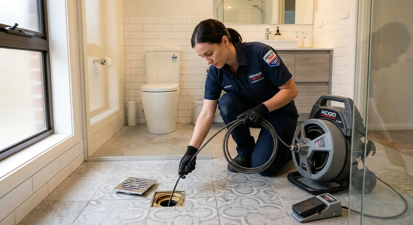 Technician clearing a bathroom floor drain for Clogged Drain Repair in East Flat Rock